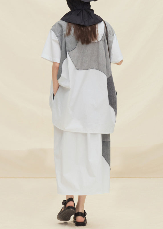 Plus Size Light Grey Peter Pan Collar Patchwork Cotton Two Pieces Set Summer