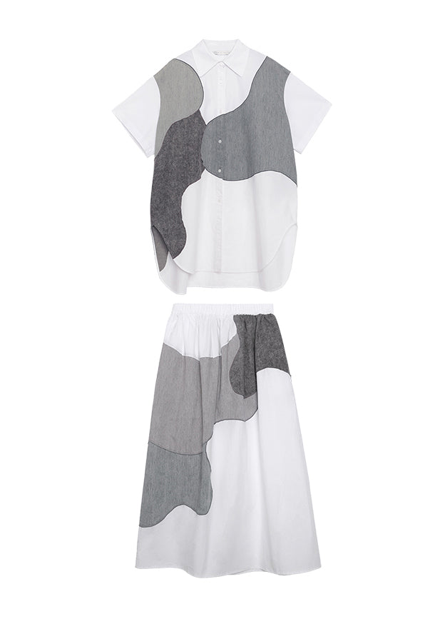 Plus Size Light Grey Peter Pan Collar Patchwork Cotton Two Pieces Set Summer