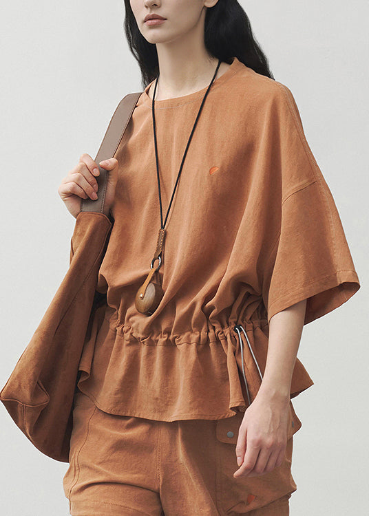 Plus Size Orange O Neck Drawstring Cotton T Shirt Summer