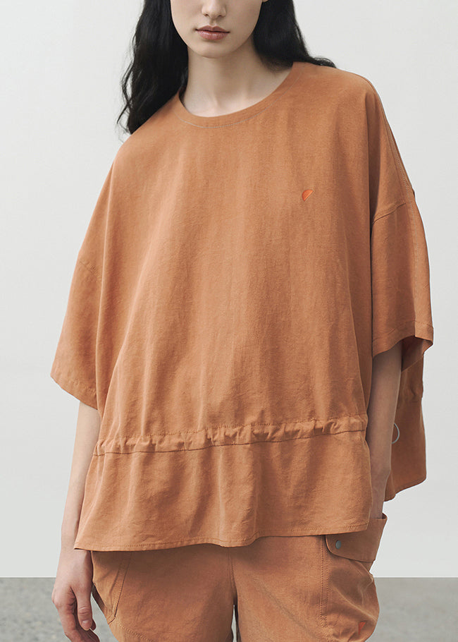 Plus Size Orange O Neck Drawstring Cotton T Shirt Summer