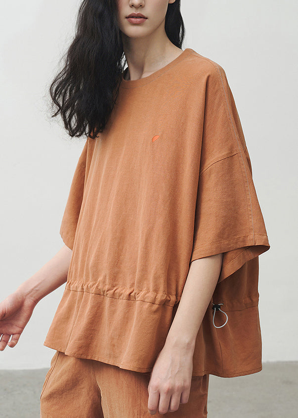Plus Size Orange O Neck Drawstring Cotton T Shirt Summer