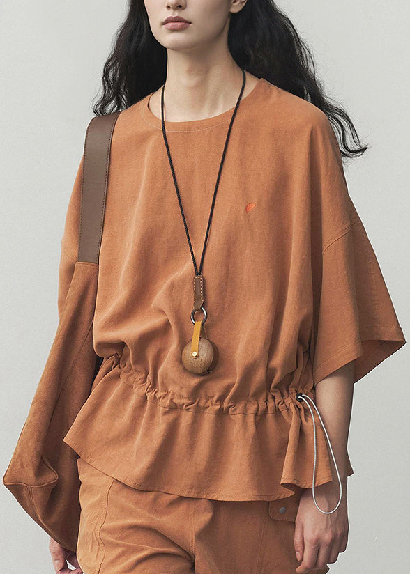 Plus Size Orange O Neck Drawstring Cotton T Shirt Summer
