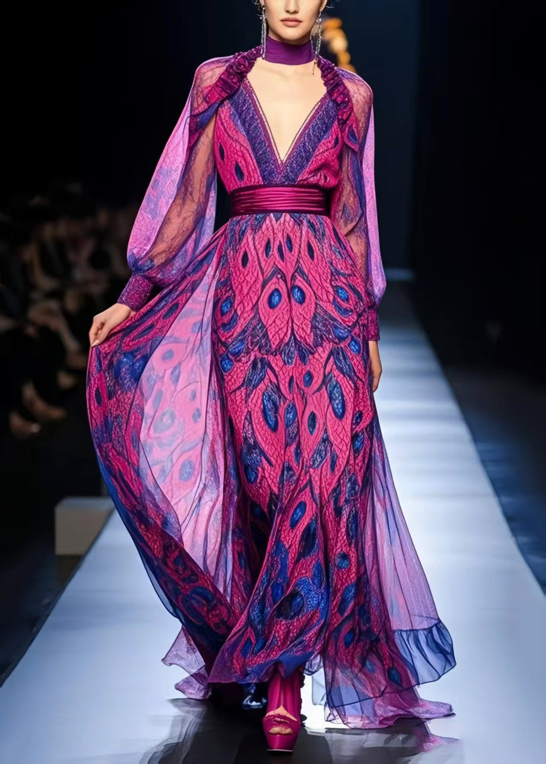 Plus Size Purple Cinched Print Chiffon Party Dresses Spring