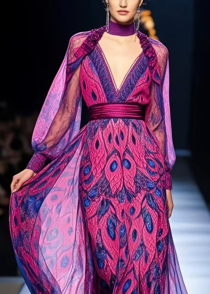 Plus Size Purple Cinched Print Chiffon Party Dresses Spring