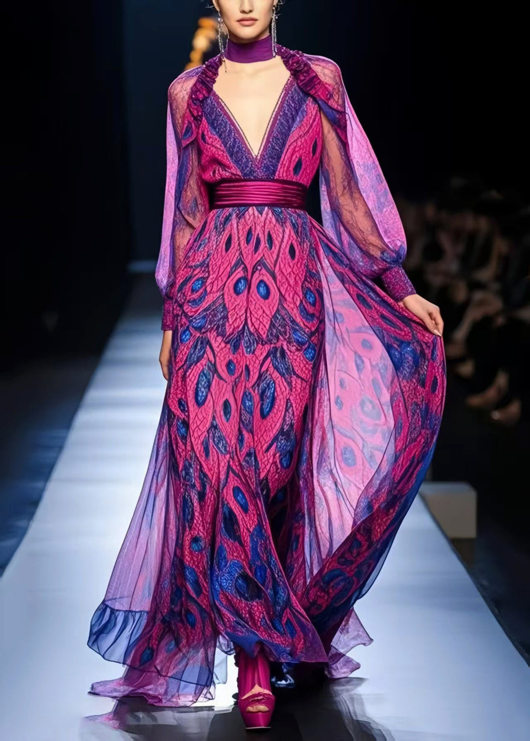 Plus Size Purple Cinched Print Chiffon Party Dresses Spring