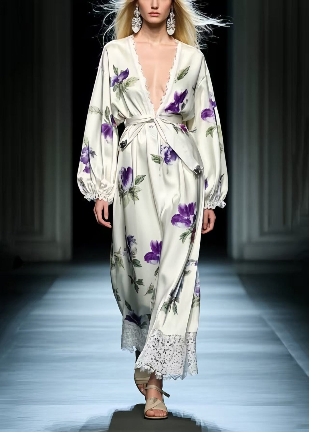 Plus Size Purple Floral Patchwork Silk Tunic Dresses Spring