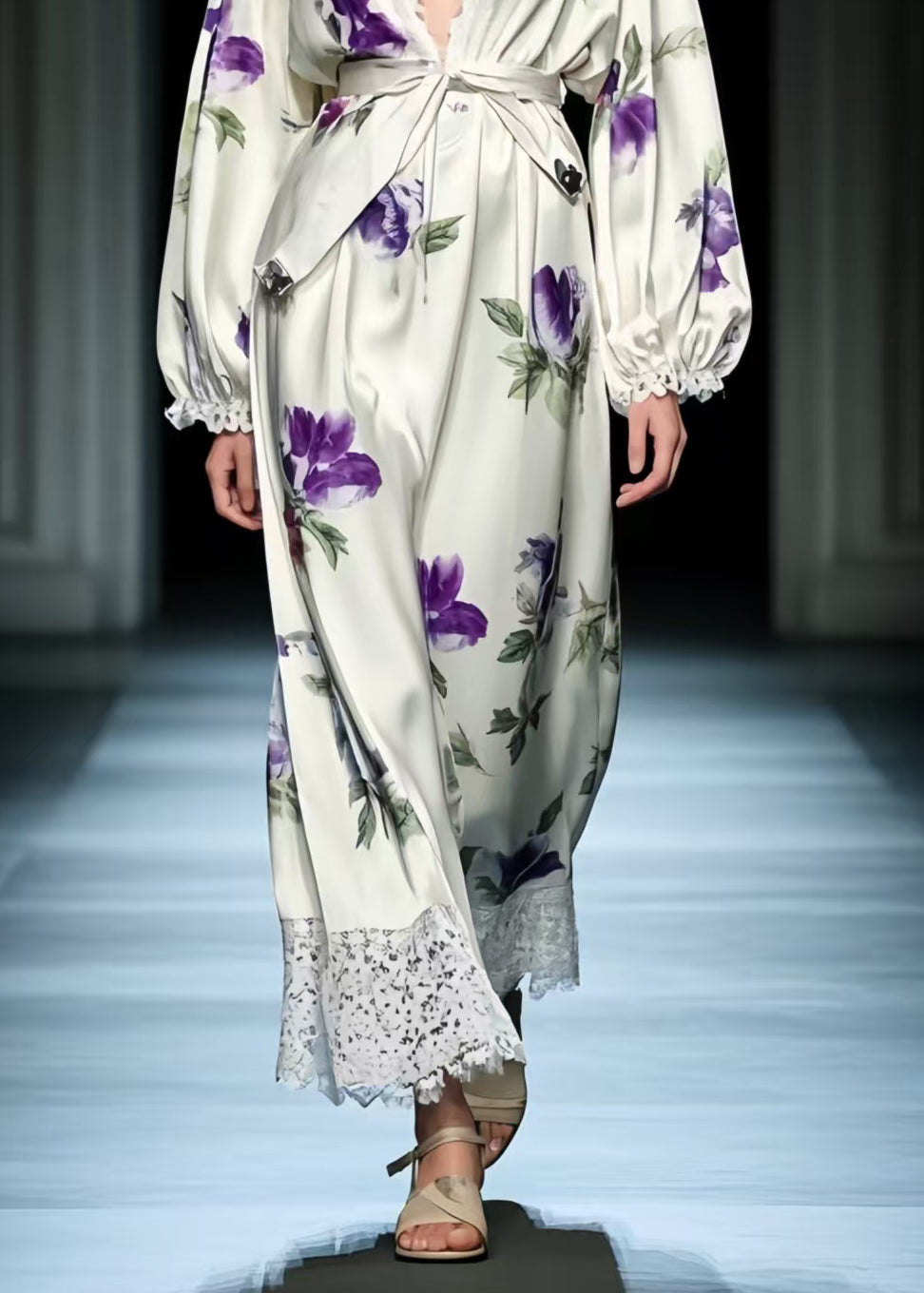 Plus Size Purple Floral Patchwork Silk Tunic Dresses Spring