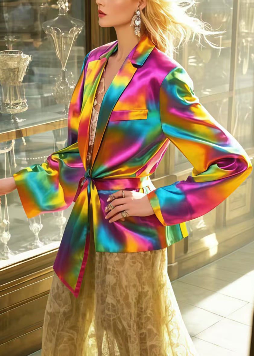 Plus Size Rainbow Asymmetrical Tie Dye Silk Jacket Spring