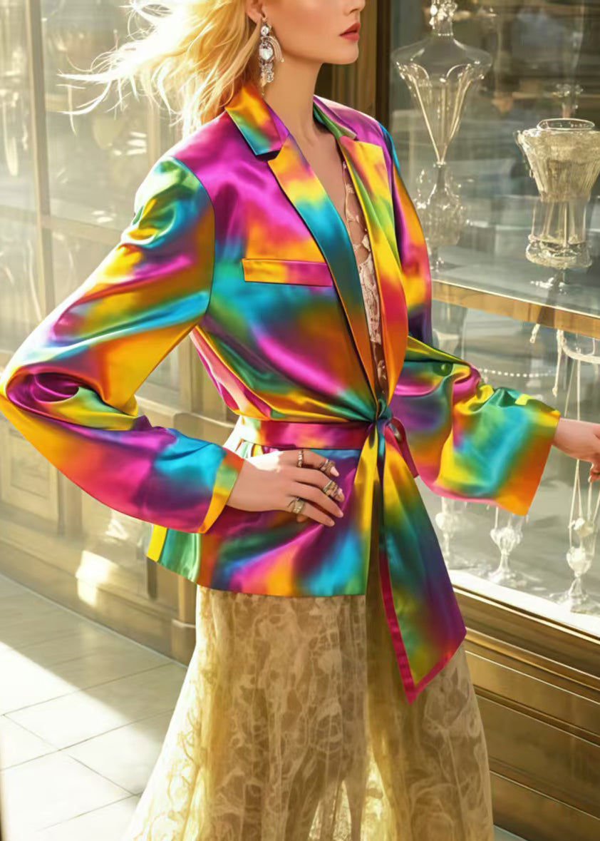 Plus Size Rainbow Asymmetrical Tie Dye Silk Jacket Spring