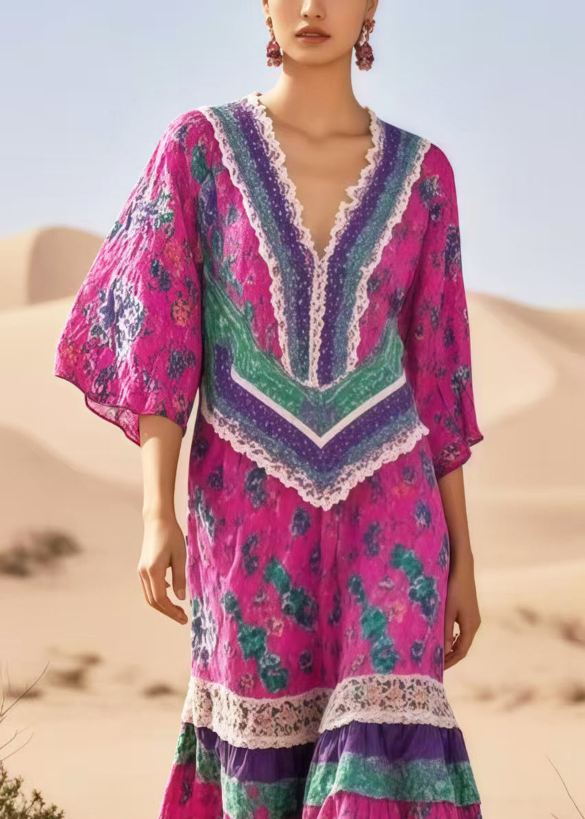 Plus Size Rose Print Patchwork Cotton Vacation Dresses Summer