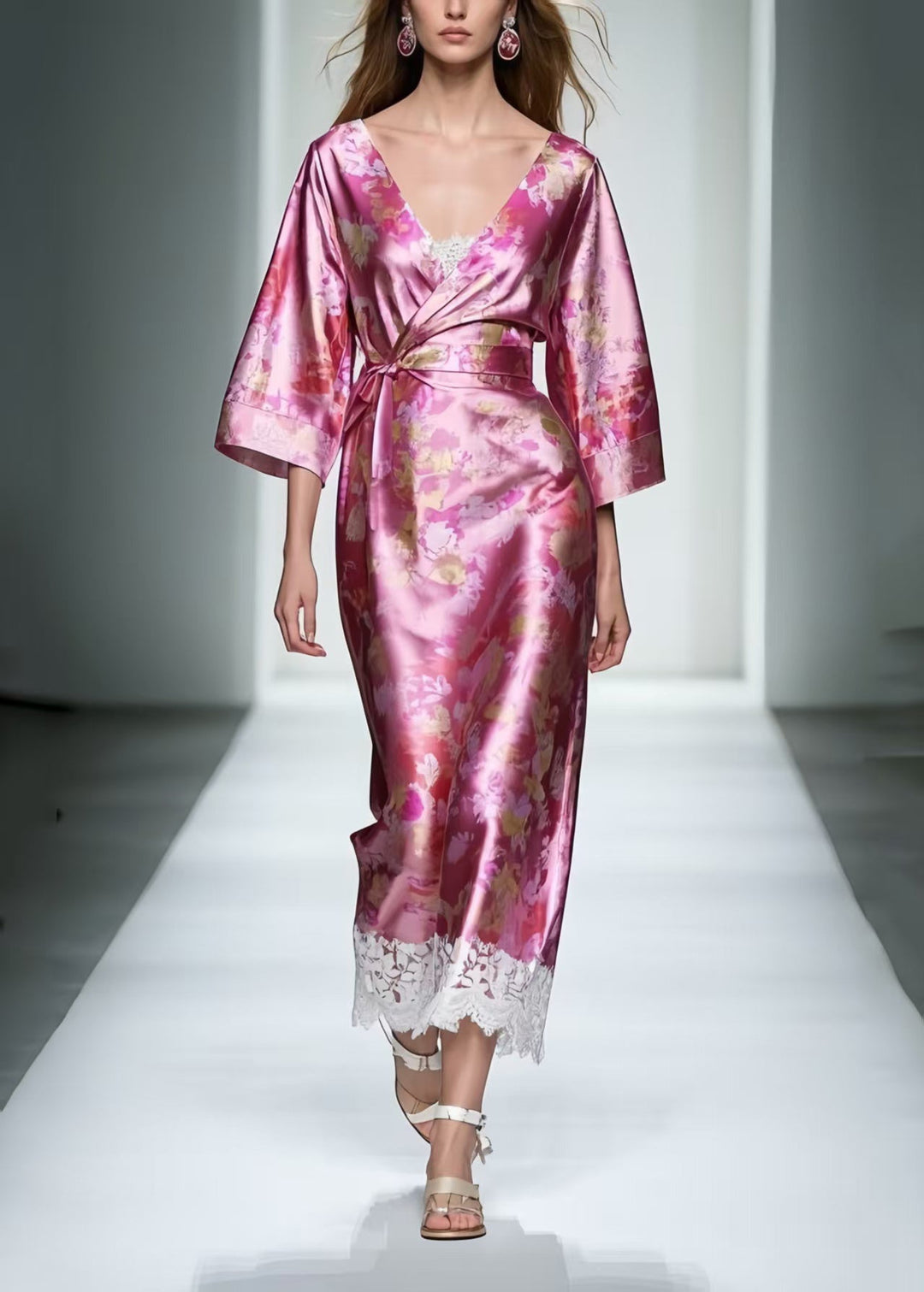 Plus Size Rose Tie Waist Patchwork Lace Long Dresses Summer