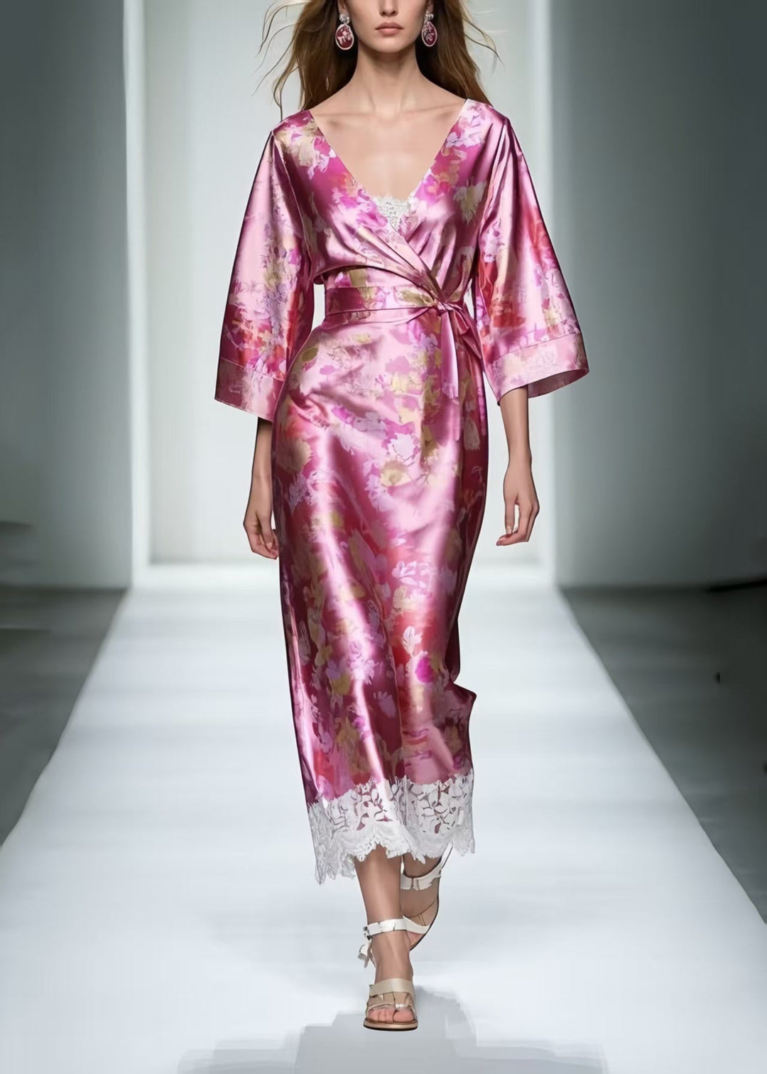 Plus Size Rose Tie Waist Patchwork Lace Long Dresses Summer