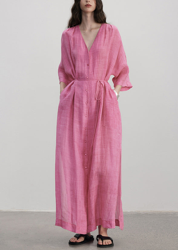 Plus Size Rose V Neck Button Pockets Linen Dress Summer
