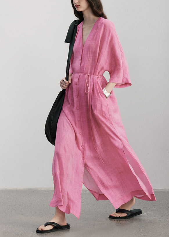 Plus Size Rose V Neck Button Pockets Linen Dress Summer