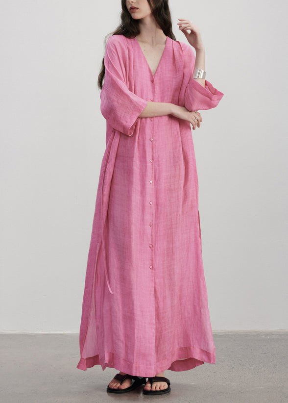 Plus Size Rose V Neck Button Pockets Linen Dress Summer