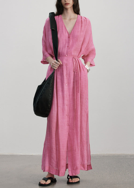 Plus Size Rose V Neck Button Pockets Linen Dress Summer