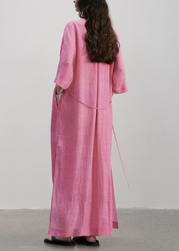 Plus Size Rose V Neck Button Pockets Linen Dress Summer