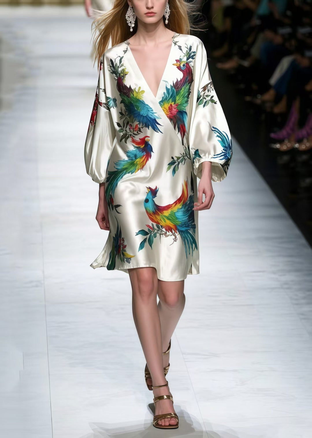 Plus Size V Neck Phoenix Print Silk Work Dress Bracelet Sleeve