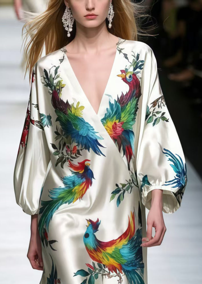 Plus Size V Neck Phoenix Print Silk Work Dress Bracelet Sleeve