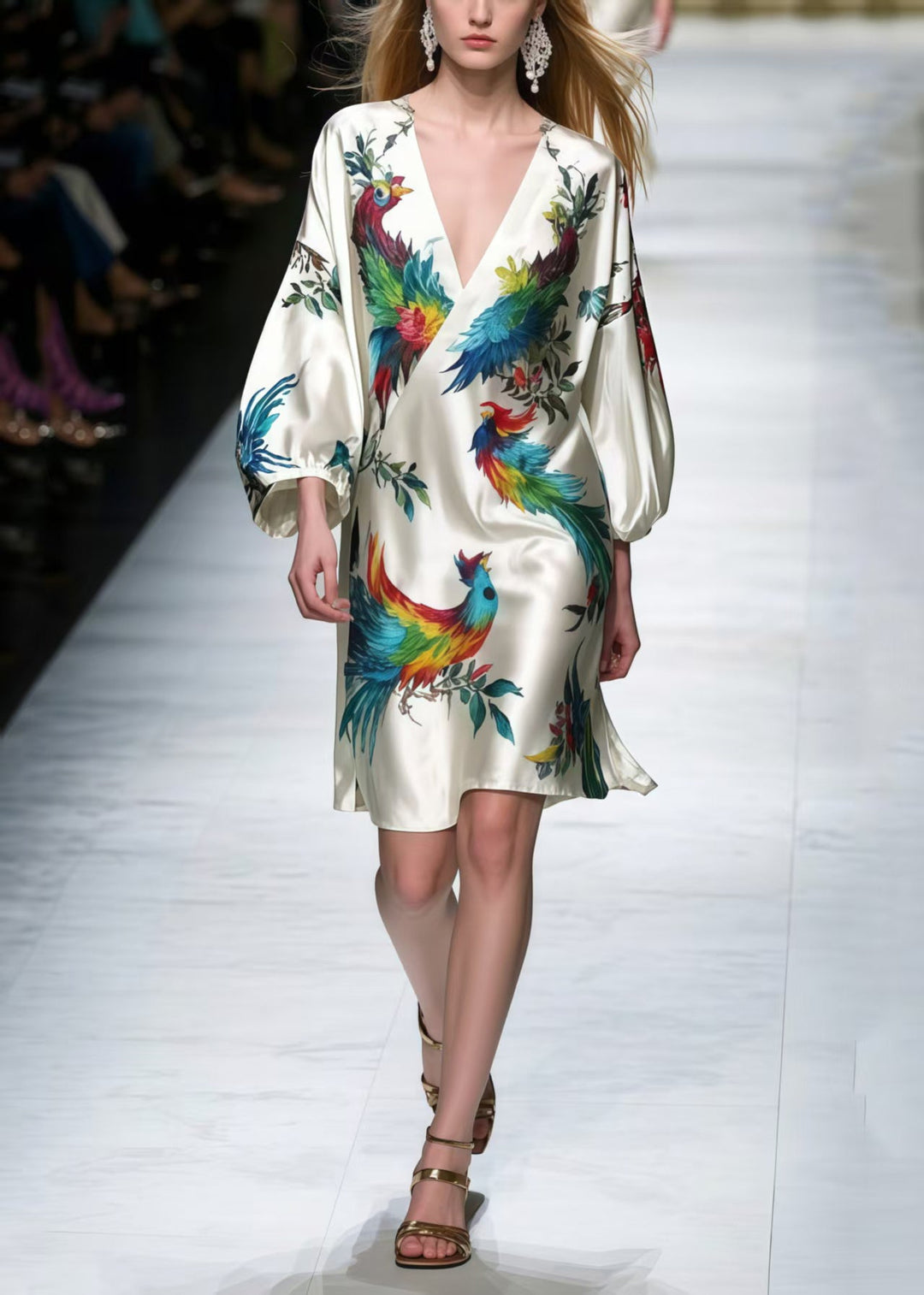 Plus Size V Neck Phoenix Print Silk Work Dress Bracelet Sleeve