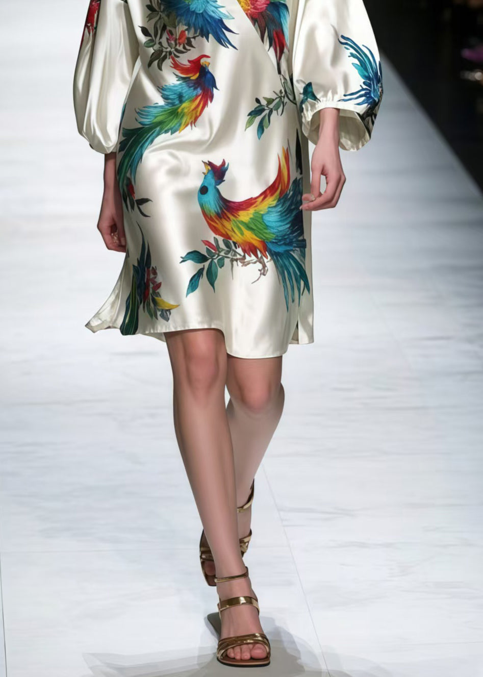 Plus Size V Neck Phoenix Print Silk Work Dress Bracelet Sleeve