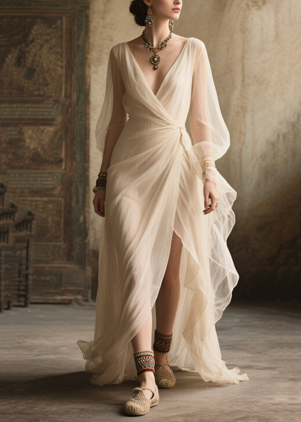 Plus Size White Exra Large Hem Side Open Tulle Long Dress Summer