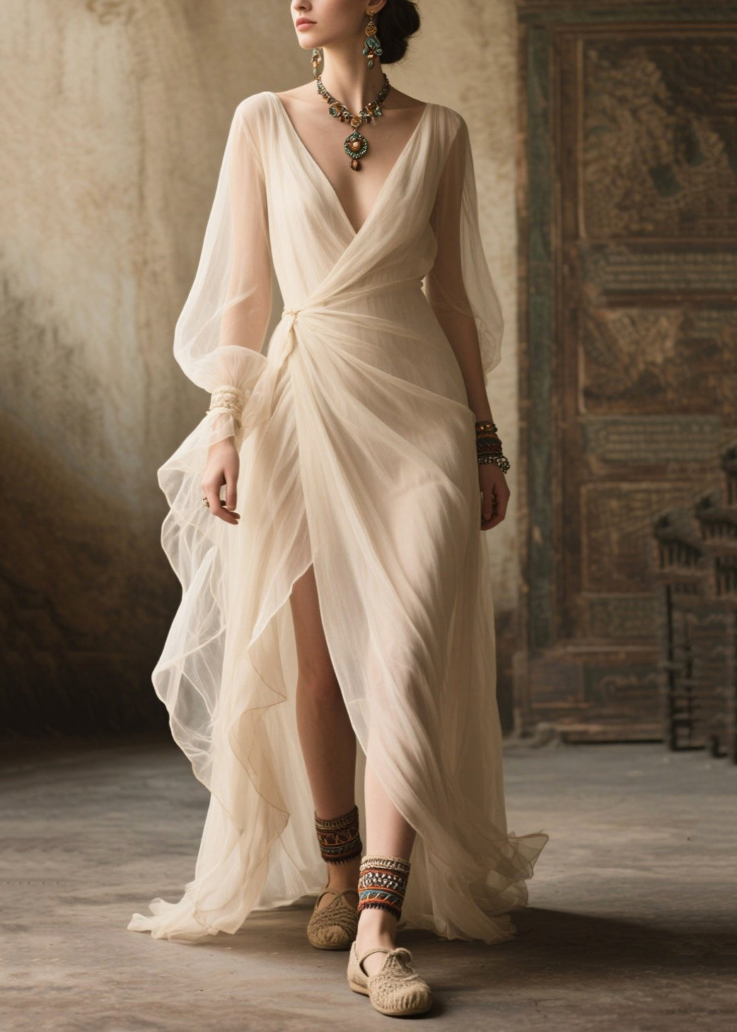 Plus Size White Exra Large Hem Side Open Tulle Long Dress Summer