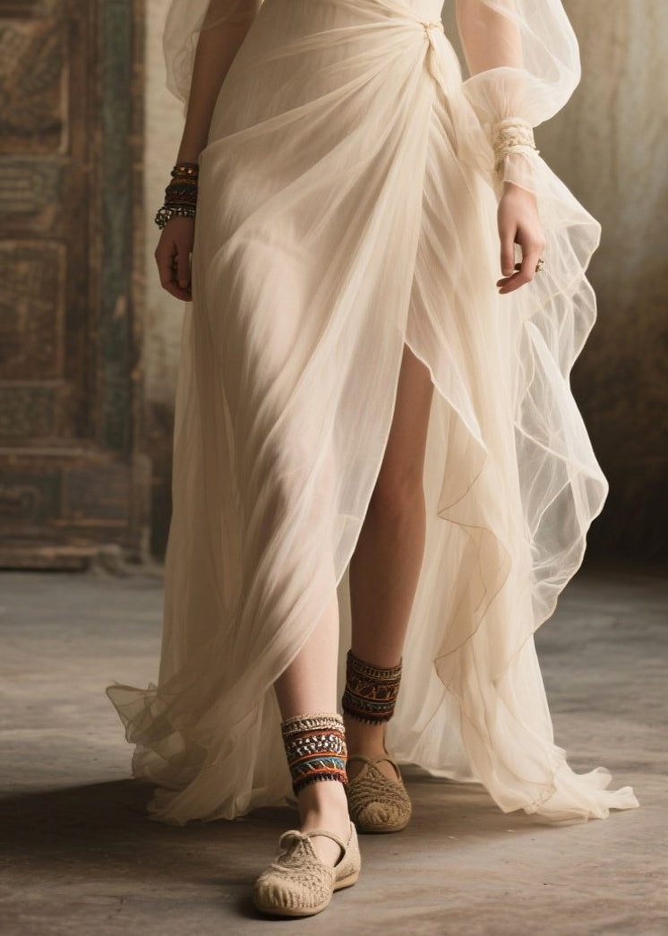 Plus Size White Exra Large Hem Side Open Tulle Long Dress Summer