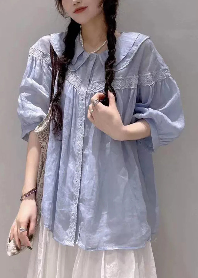 Plus Size White Peter Pan Collar Lace Cotton Blouses Half Sleeve
