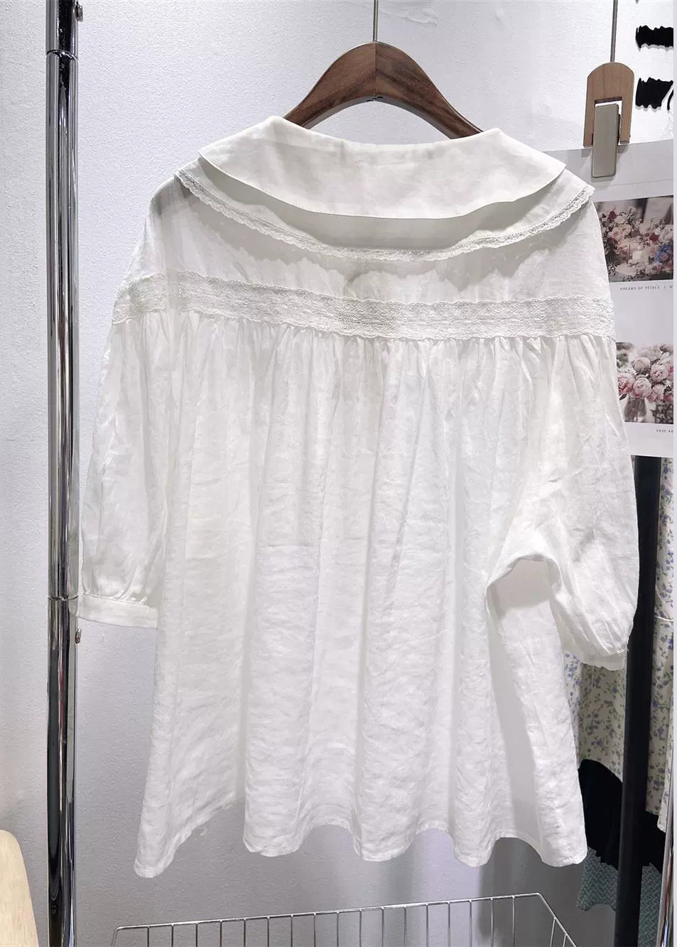 Plus Size White Peter Pan Collar Lace Cotton Blouses Half Sleeve