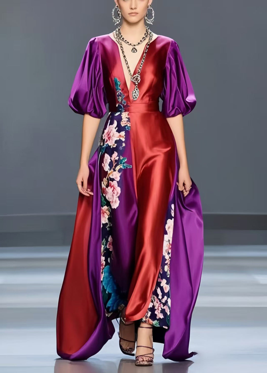 Polychrome Floral Print Silk Maxi Dresses Asymmetrical Design Lantern Sleeve