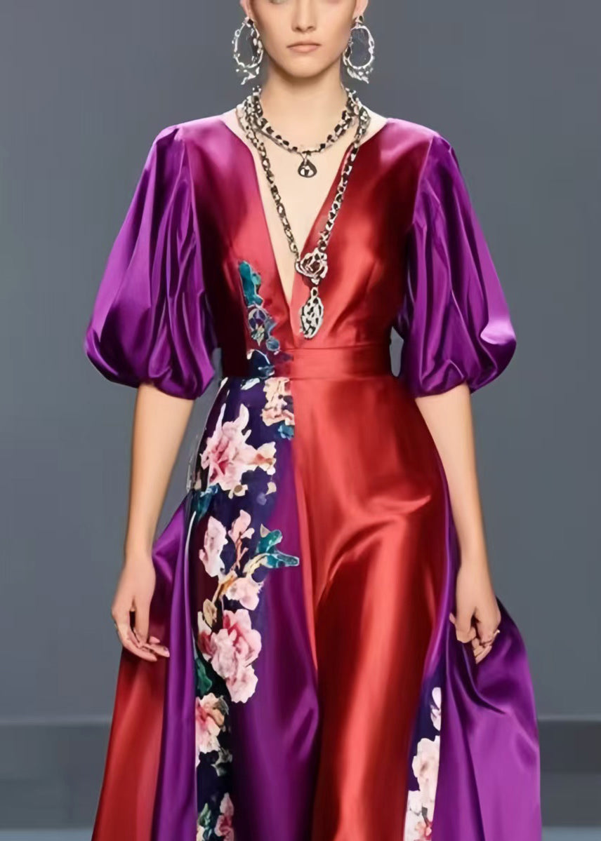 Polychrome Floral Print Silk Maxi Dresses Asymmetrical Design Lantern Sleeve