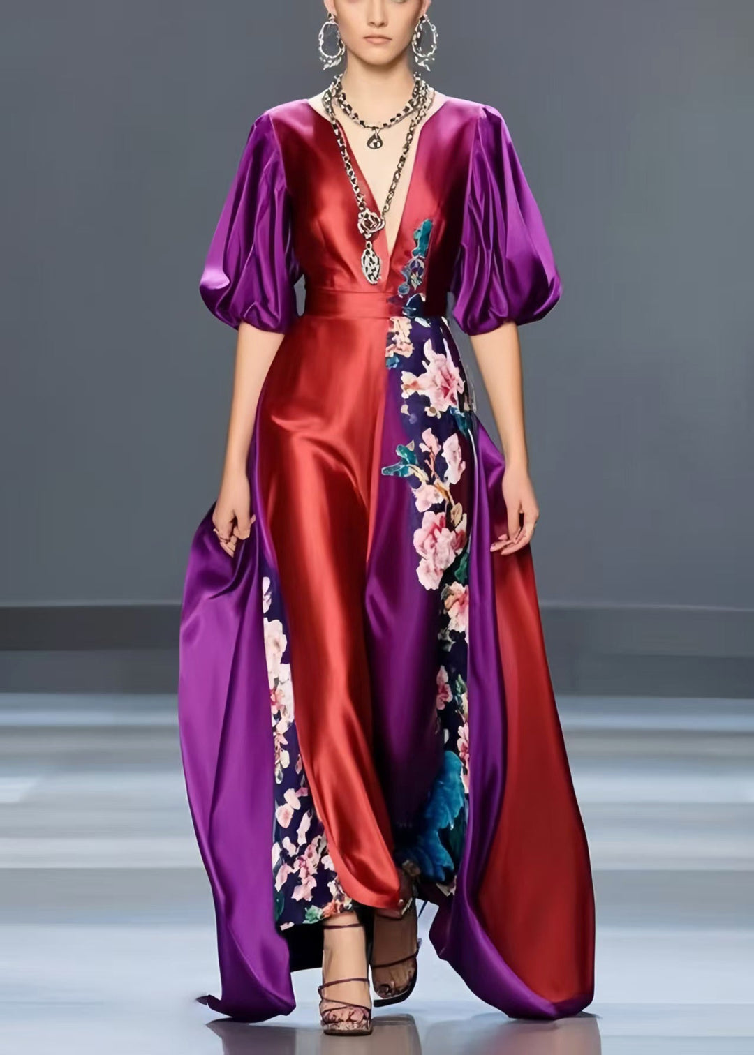 Polychrome Floral Print Silk Maxi Dresses Asymmetrical Design Lantern Sleeve