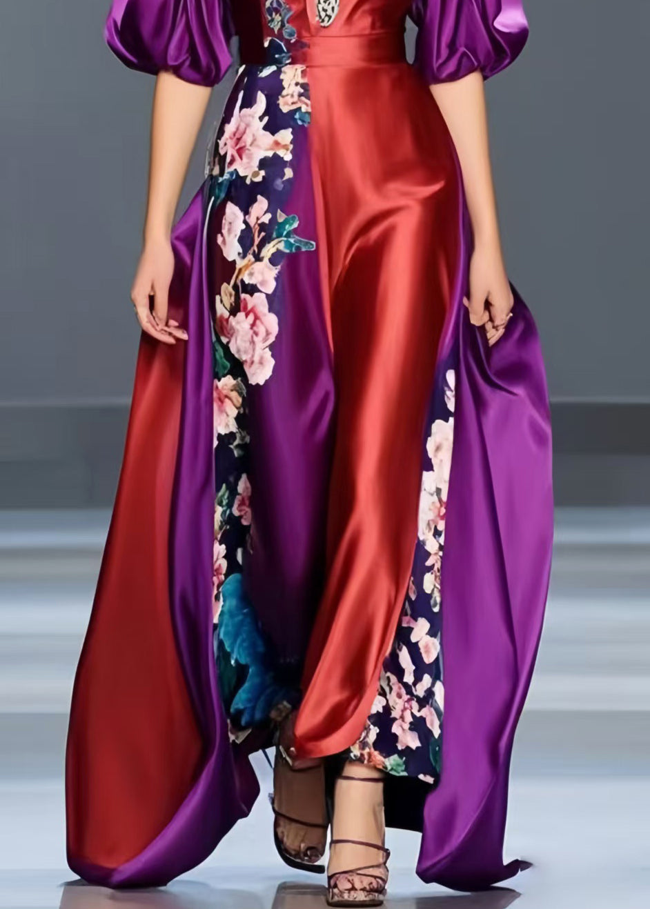 Polychrome Floral Print Silk Maxi Dresses Asymmetrical Design Lantern Sleeve