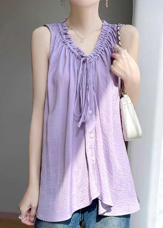 Purple Lace Up Solid Cotton Blouses Ruffled Summer