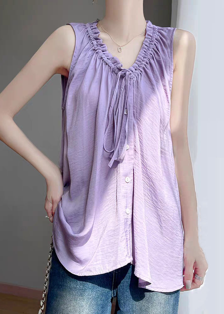 Purple Lace Up Solid Cotton Blouses Ruffled Summer