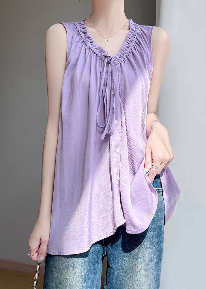Purple Lace Up Solid Cotton Blouses Ruffled Summer