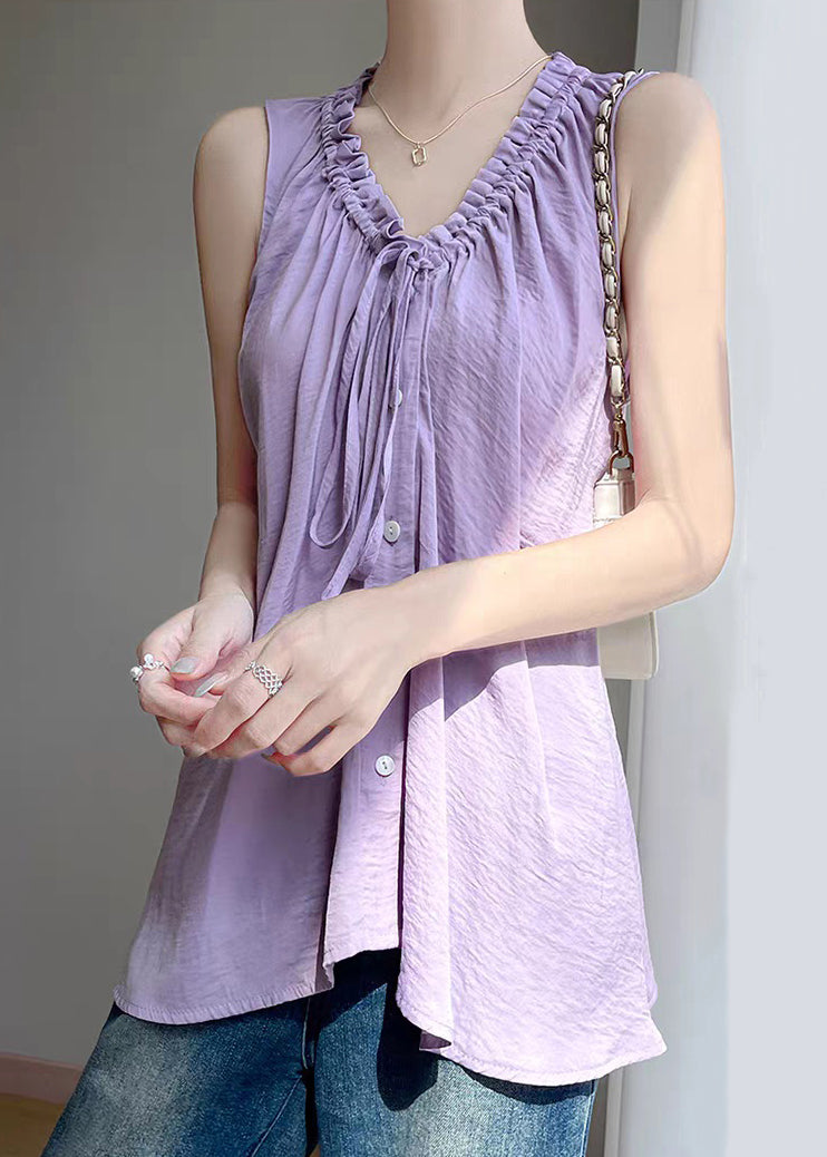 Purple Lace Up Solid Cotton Blouses Ruffled Summer