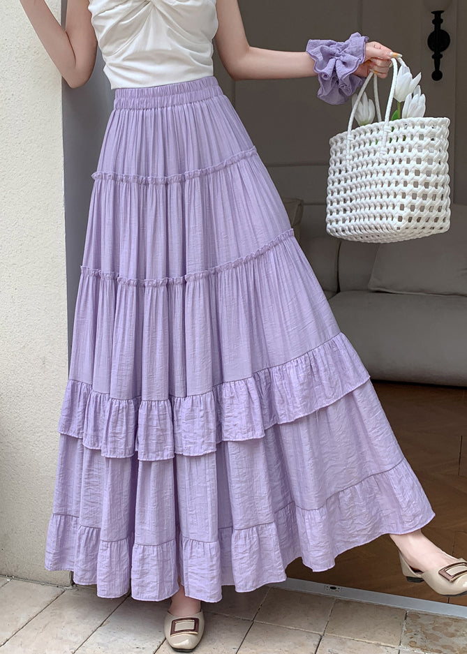 Purple Solid Patchwork Cotton Summer Maxi Skirts Ruffled