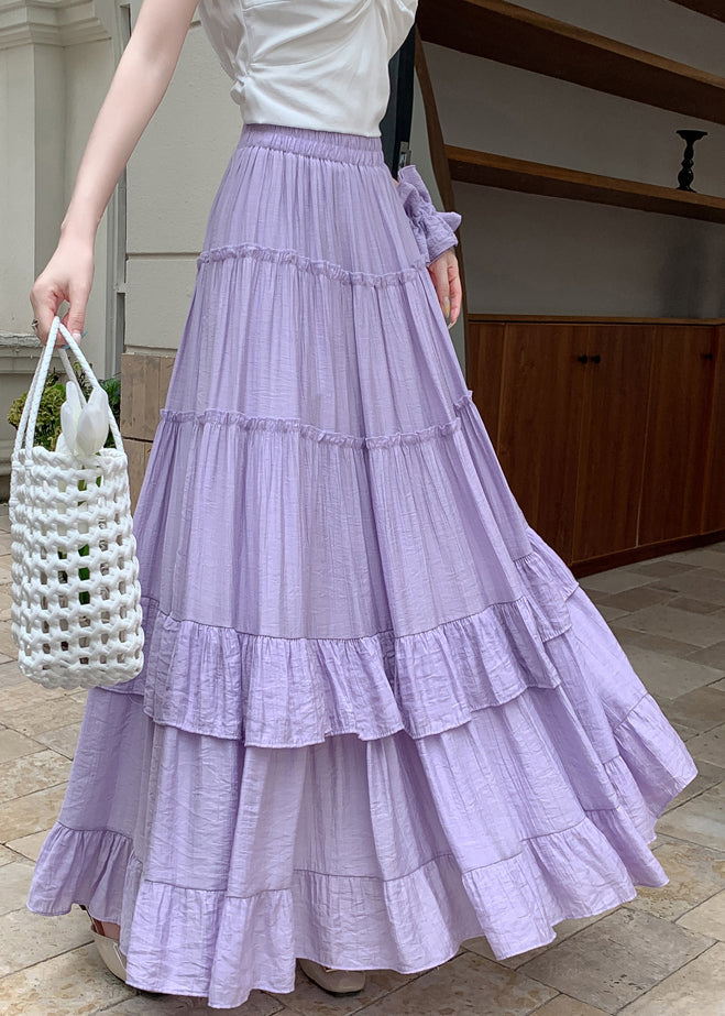 Purple Solid Patchwork Cotton Summer Maxi Skirts Ruffled