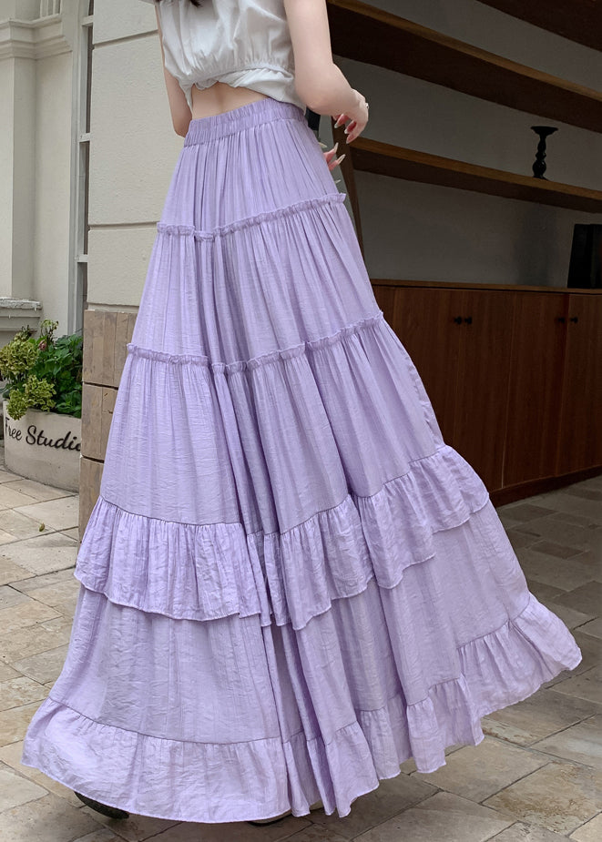 Purple Solid Patchwork Cotton Summer Maxi Skirts Ruffled