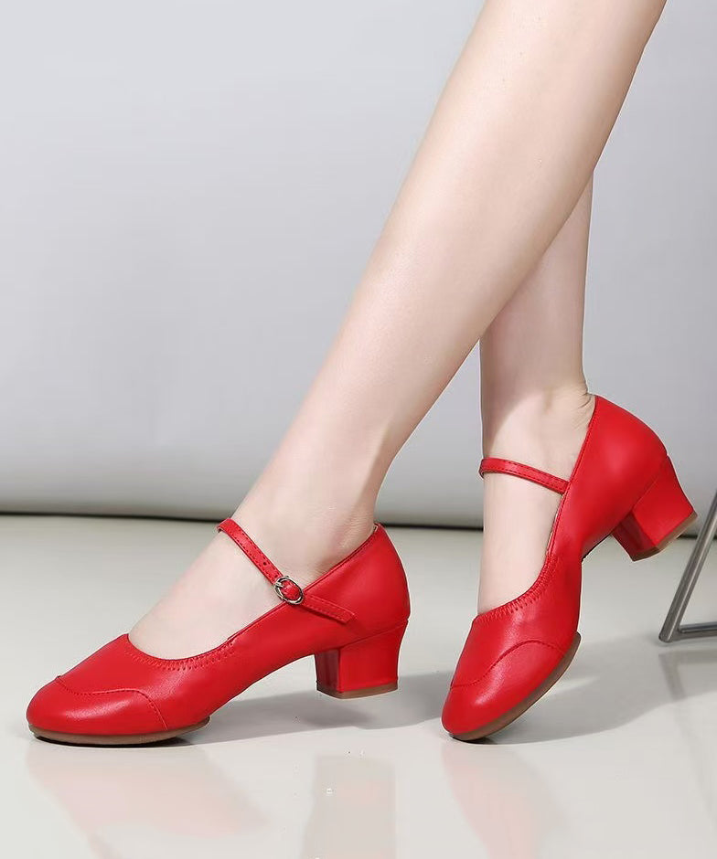 Red Buckle Strap Splicing Faux Leather Chunky Heel