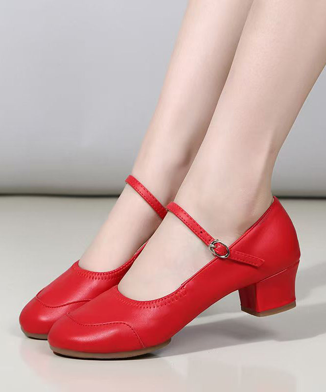Red Buckle Strap Splicing Faux Leather Chunky Heel