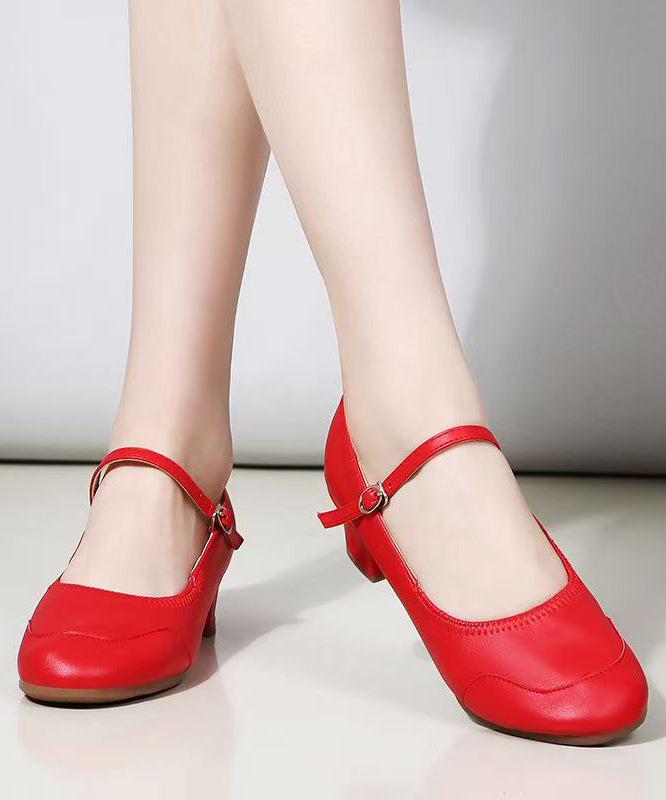 Red Buckle Strap Splicing Faux Leather Chunky Heel
