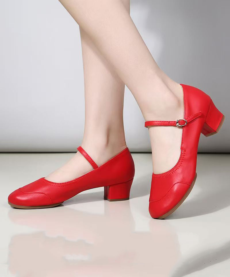 Red Buckle Strap Splicing Faux Leather Chunky Heel