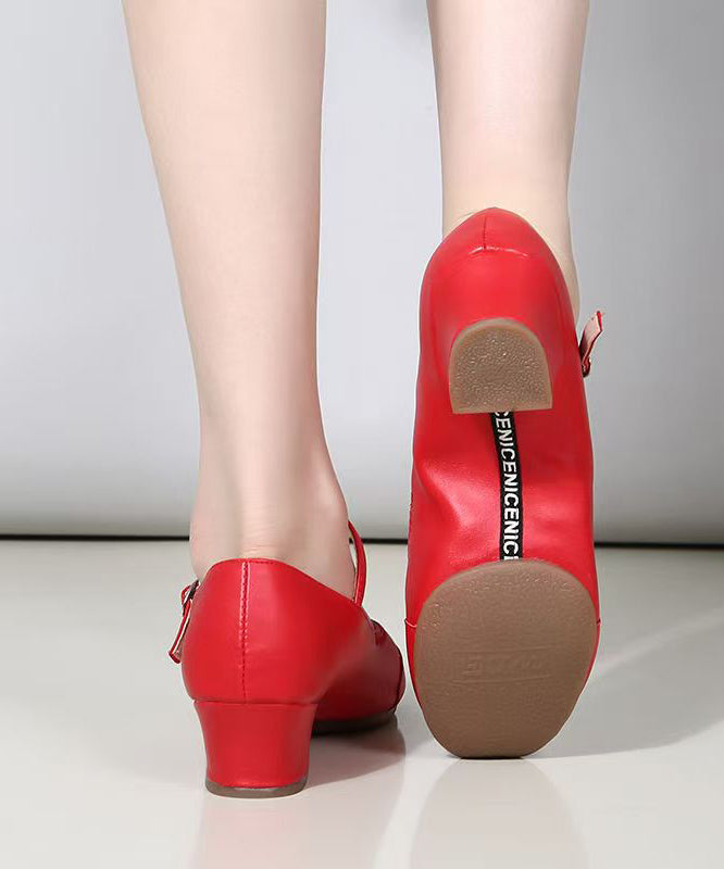 Red Buckle Strap Splicing Faux Leather Chunky Heel