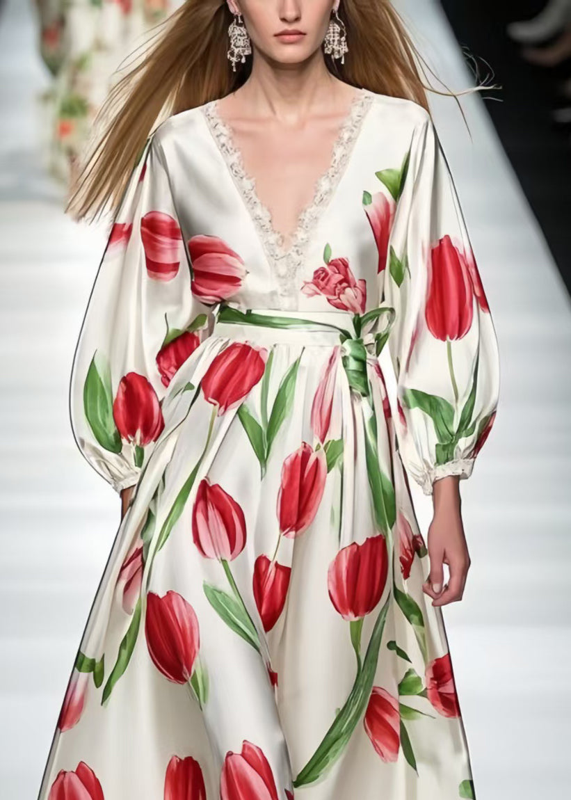 Red Floral Print Silk Ankle Dress V Neck Bracelet Sleeve