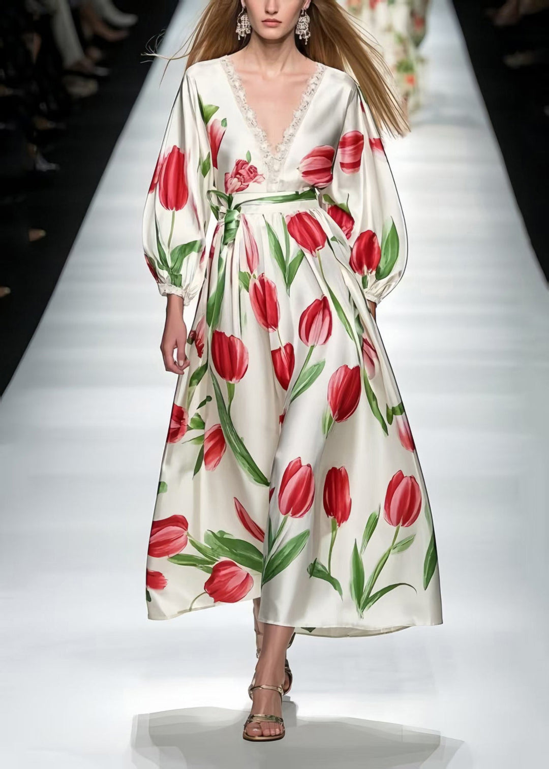 Red Floral Print Silk Ankle Dress V Neck Bracelet Sleeve