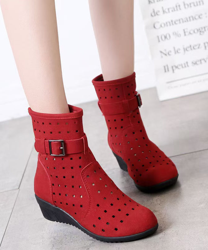 Red Hollow Out Splicing Women Wedge Boots