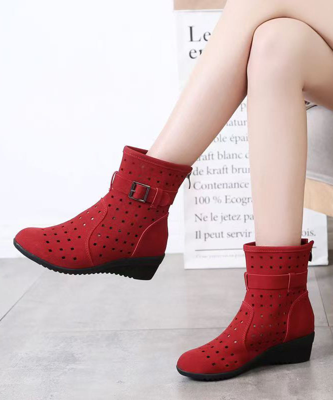 Red Hollow Out Splicing Women Wedge Boots